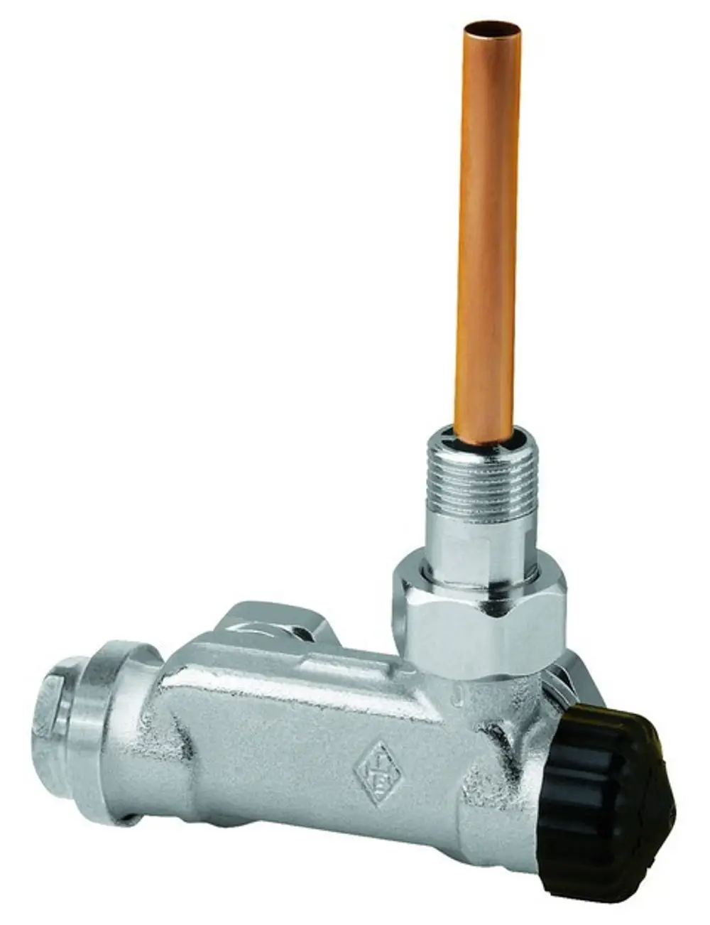 Eckventil aus Metall mit Tauchrohr und einem schwarzen Drehknopf. Das Produkt ist für Heizungsanlagen geeignet und könnte von IMI Hydronic Engineering stammen.
